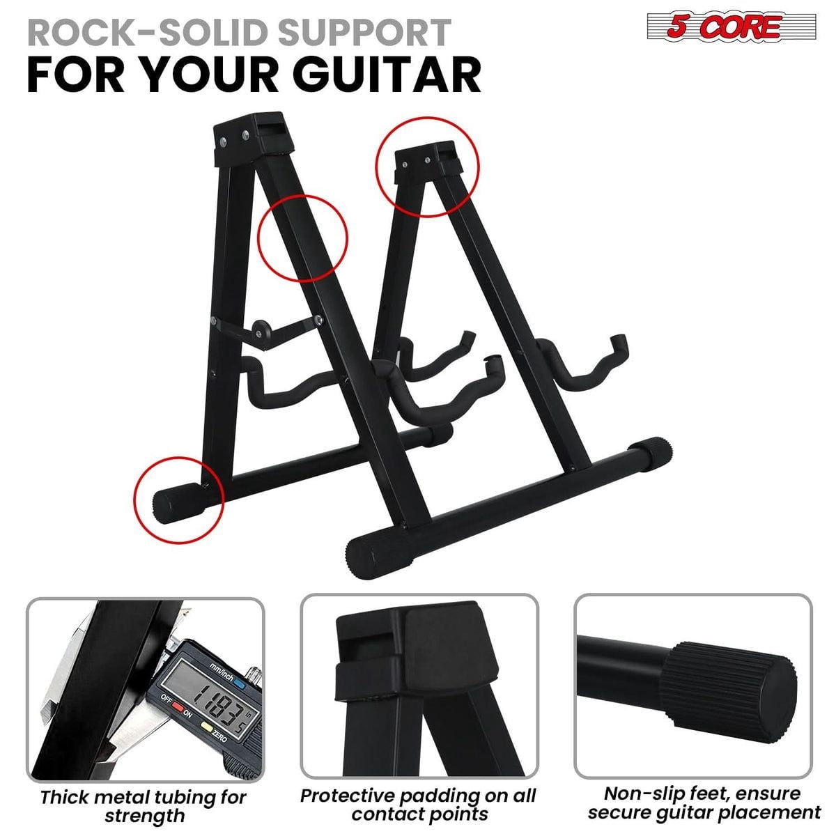 5 Core Double Guitar Stand A-Frame with Foam Arms & Non-Slip Rubber – Fits Acoustic, Electric, Bass, Ukulele, Banjo – Yellow
