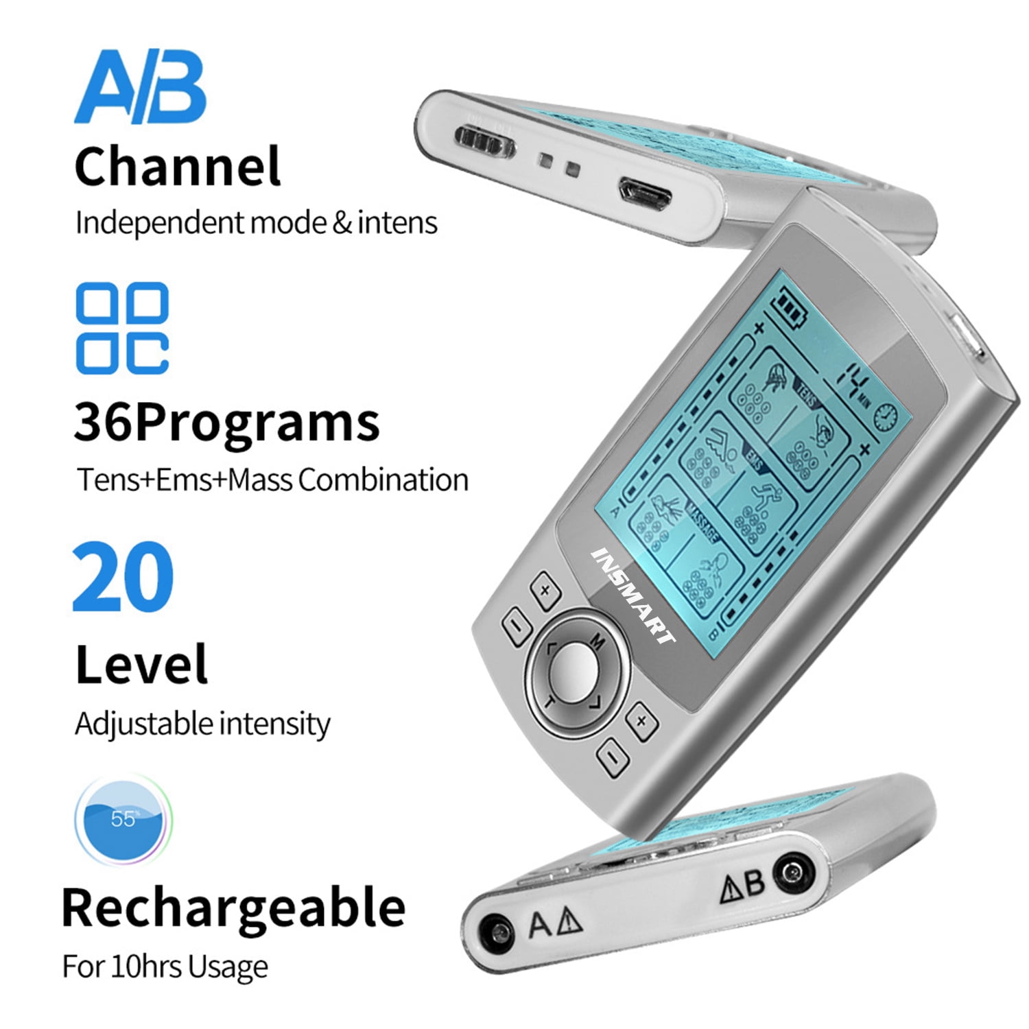 INSMART TENS Unit Rechargeable Muscle Stimulator EMS Dual Channel with 10 Reusable Electrode Pads 36 Modes for Back Neck Pain Muscle Therapy Pain Management Pulse Massager (Escalate)