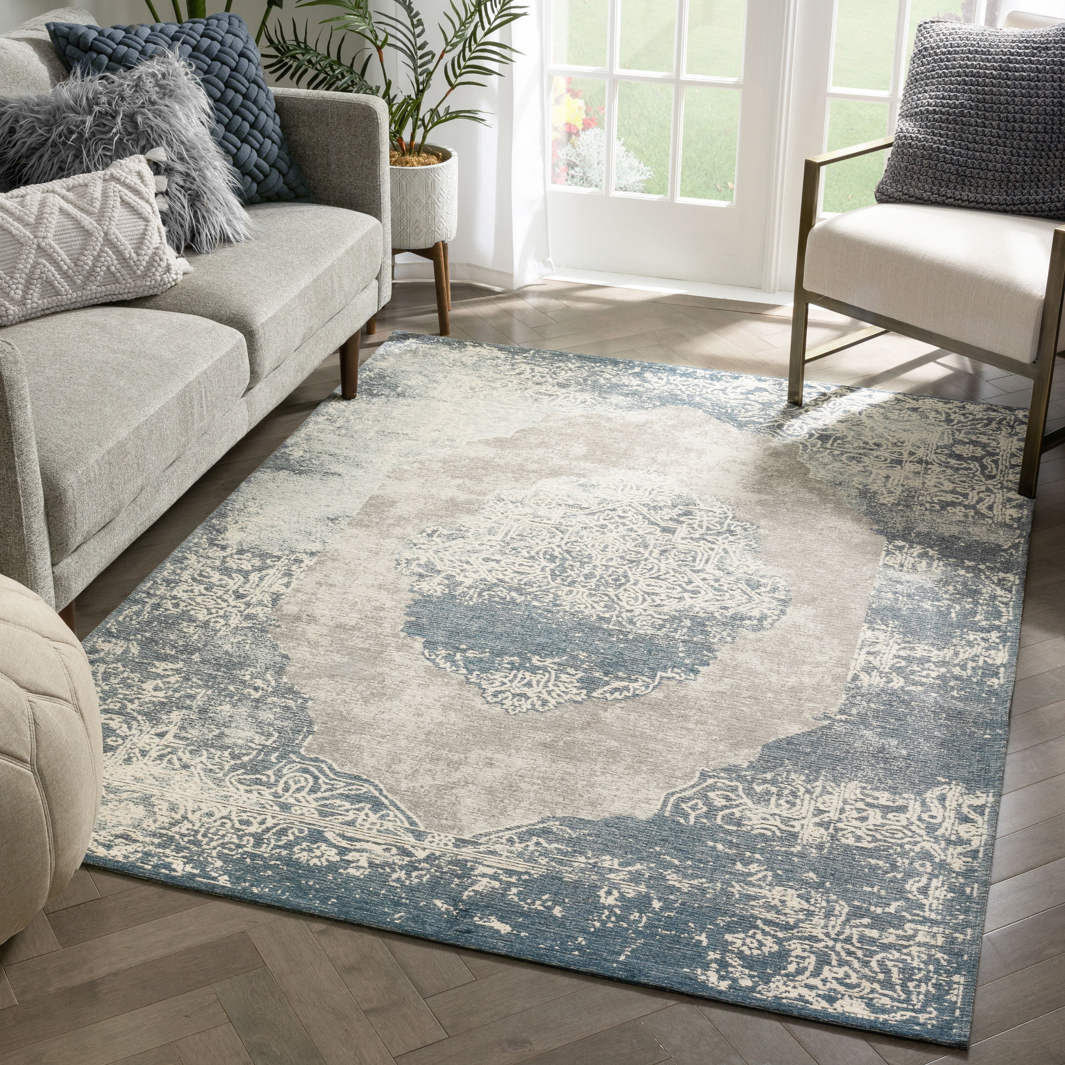 Well Woven Altro Blue & Beige Abstract Distressed Area Rug 5x7 5'3 x 7'3