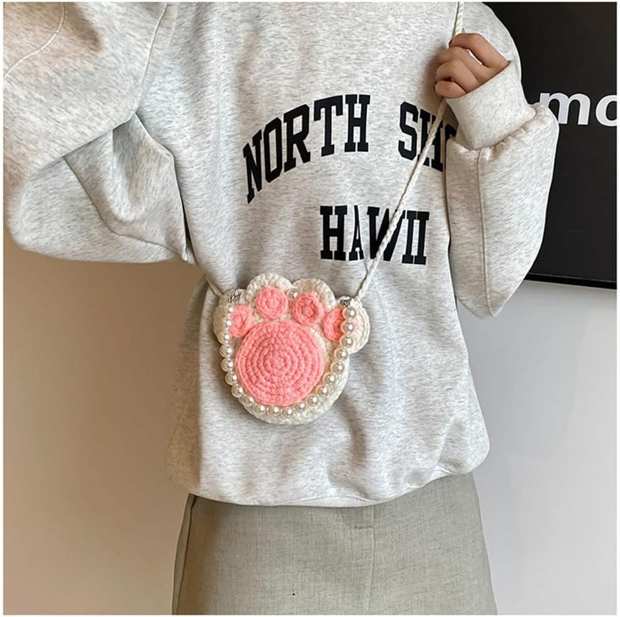 Ladies Crochet Cat's Paw Shape Crossbody Bag with Pearl Chain Cute Handmade Crochet Cat's Paw Handbag Cat's Paw Purse