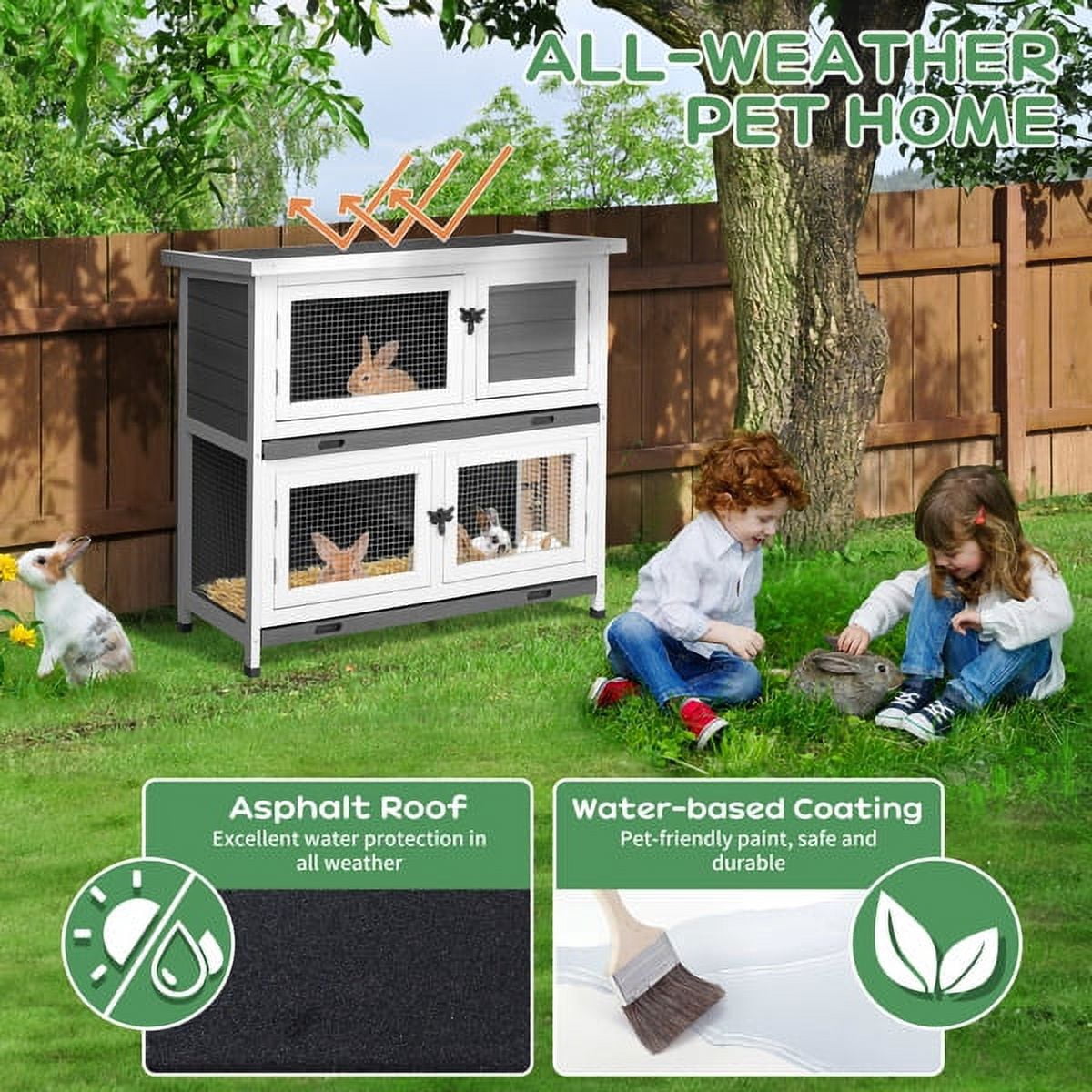 Imerelez 2 Tiers Solid Wood Rabbit Hutch Bunny Cage with 2 Large Main Rooms, Indoor Outdoor Rabbit House Guinea Pig Cage Pet House for Small Animals with 2 Removable Trays, Grey