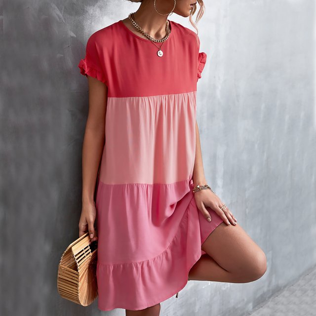 Vestido de verano,Vestido de empalme de color en contraste Vestido de cuello redondo Vestido casual de mujer Máxima comodidad