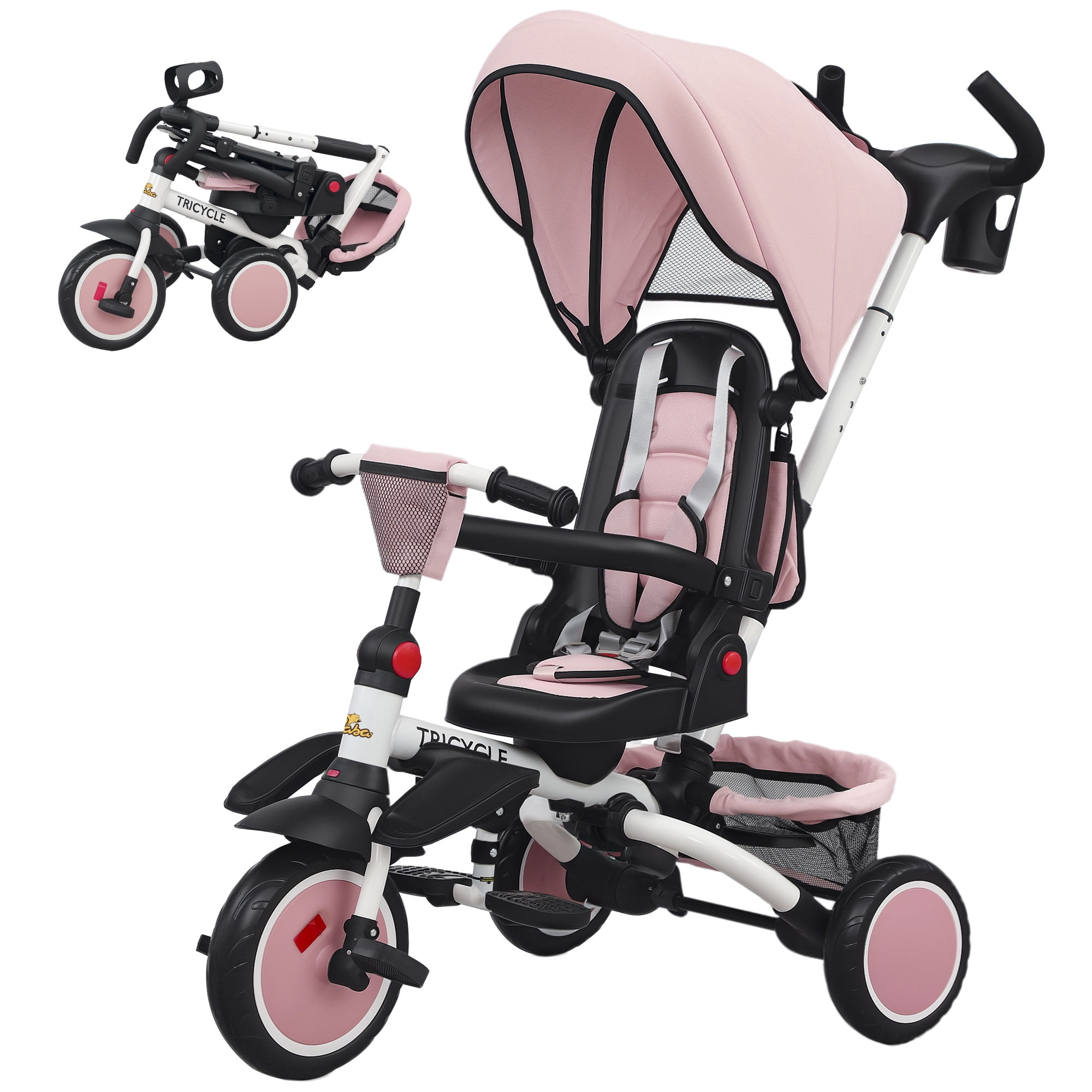 6-in-1 Tricycle with Adjustable Push Handle, Removable Canopy, Reversible Seat, Pink