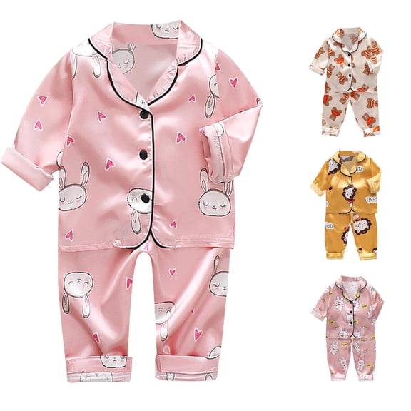 CUZIBR Girls Outfits Cartoon Print Lapel Collar Short Sleeve Animals Satin Button Down Shirt Tops   Long Pants Silk Pajamas Sleepwear Set For Toddler Kids Baby Clothes Sets,Light Pink,6-12 Months
