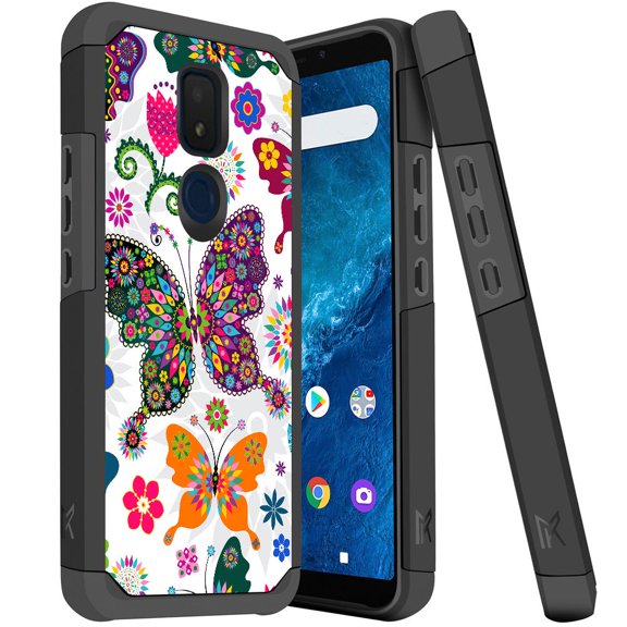 ANJ  Dual Layer Shockproof Hybrid Case   [Tempered Glass] Cover for Cricket Icon 3, Splendor, AT&T Motivate 2 - Tribal Butterfly
