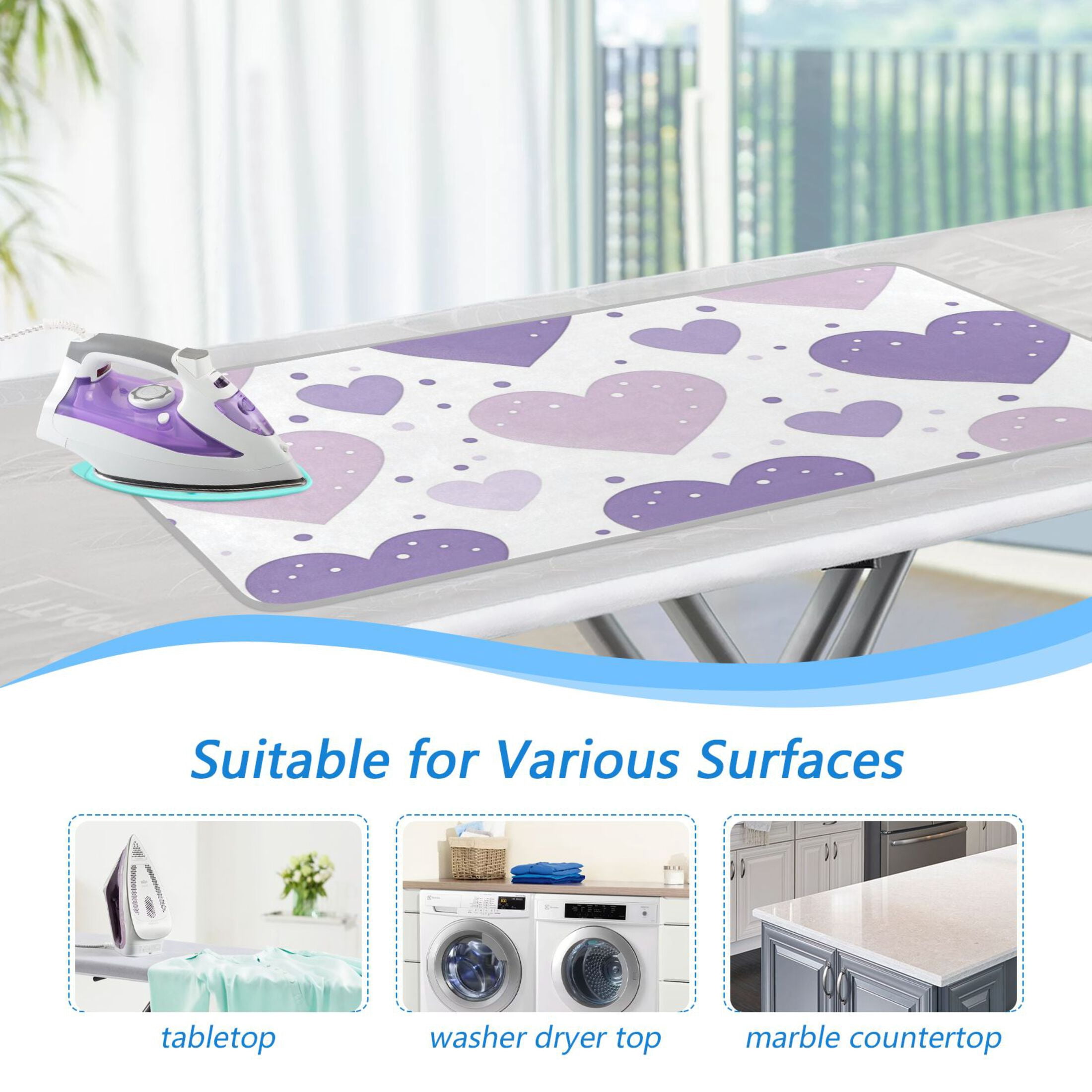 Purple Hearts Dots Ironing Mat Blanket Portable Travel Ironing Pad Heat Resistant Pad 47.2" x 27.6”