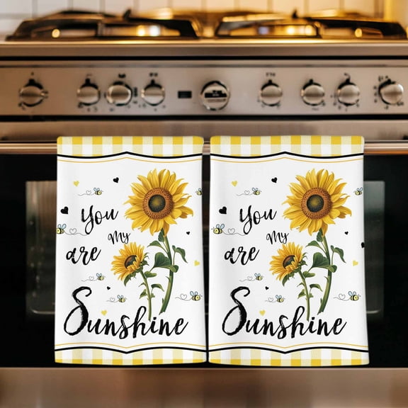 Sunflowers Kitchen Towels Set of 2, Yellow Floral Botanical Checkered Farmhouse Absorbent Dish Towels for Kitchen, Microfiber Hand Towel, Quick Drying Tea Towel for Cleaning Decorative Dishcloths