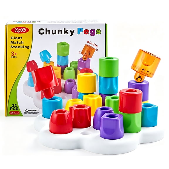 22pcs Chunky Pegs Stacking & Matching Game, Montessori Educational Pegboard Toy,Color Sorting & Shape Recognition,Building Blocks for Kids 3 