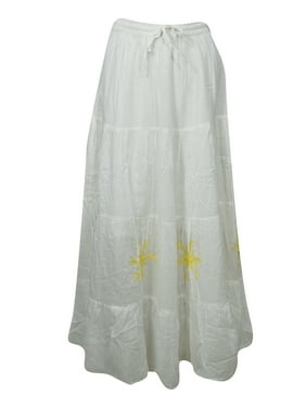 Mogul Royal White Embellished Cotton Maxi Long Skirts For Women's