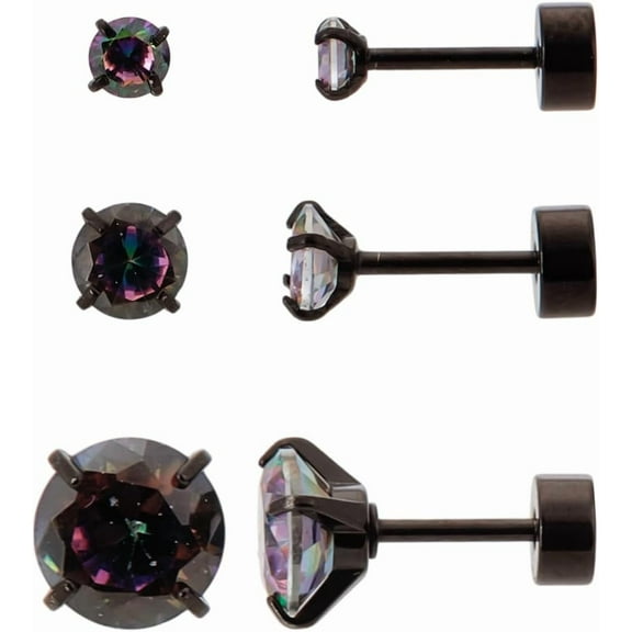 6Pcs 3Sizes Black Stainless Steel Flat Round Stud Earrings with Cubic Zirconia Screw Back Stud Earrings Set Multi-color