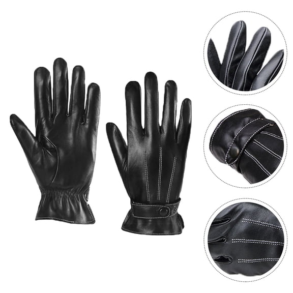 LOLIPPYY 1 Pair Men's Winter Gloves Black PU Protection Wind-proof Gloves for Outdoor Use