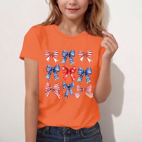 BRGZLK Kids 4Th Of July T-Shirt Childrens Summer Independence Day Printed Pattern Shirt Loose Casual Short Sleeve Round Neck Top Orange 5-6 Years