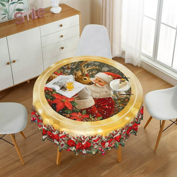 Nanqianyi Christmas Round Tablecloth 70 Inch Santa Claus Elk Red Floral Decorative Table Cloth Christmas Holiday Circle Table Cover