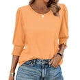 thumbnail image 4 of bbyeadc Womens Summer Tops 2025 Crew Neck Smocked Cuff Ruched Shirts 3/4 Sleeve Dressy Casual Loose Fit Basic Trendy Tops Summer Basic Business Casual Blouses, Orange XL, 4 of 7