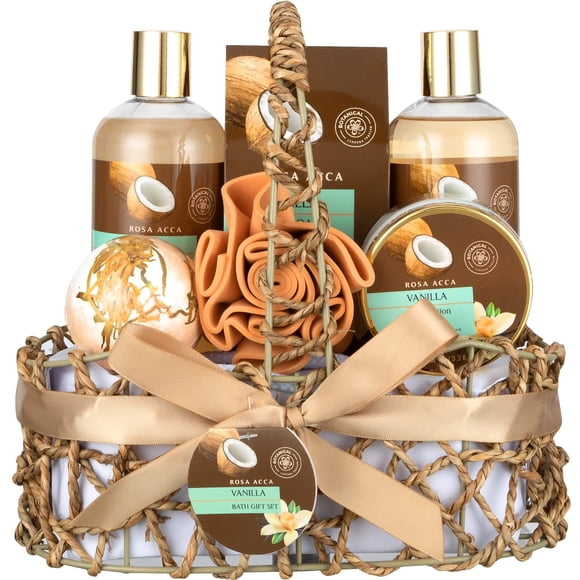 Cestas de regalo de spa para mujeres, juego de 7 piezas, regalos de spa de vainilla para mujeres, juego de regalo para baño y cuerpo con bomba de baño, kit de spa para mujeres, regalos para el cuidado