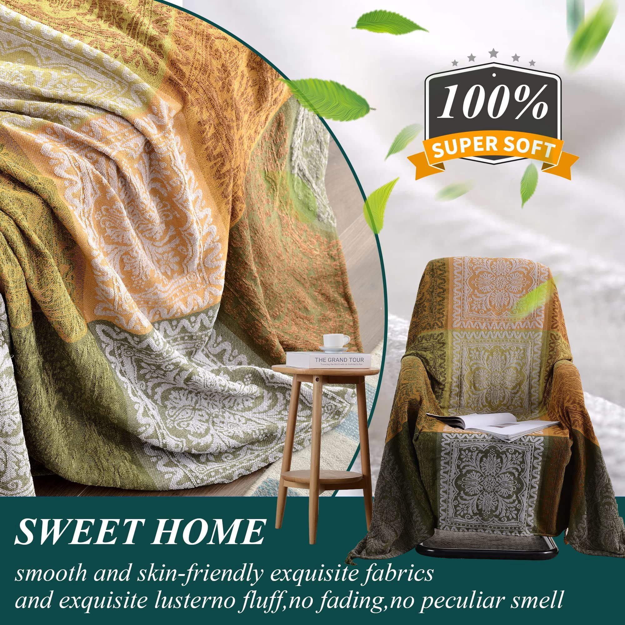 Boho Throw Blanket, Bohemian Tassels Throw Blankets for Bed Couch Soft Chair， Chenille Fringe Tassels ( Green, Large 86*102Inches)