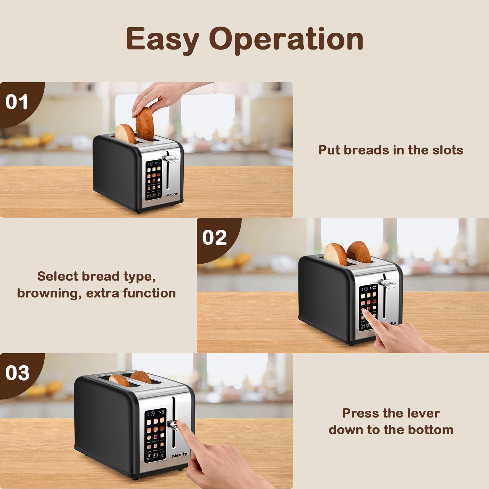 Mecity Touchscreen 2-Slice Toaster, Stainless Steel, Wide Slots, 6 Shade Settings, Reheat & Defrost, Black