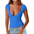 thumbnail image 2 of Blue Womens Tops Women's V Neck Short Sleeve T Shirts Double Lined Tee Seamed Cup Going Out Tops Shirts for Women, 2 of 6