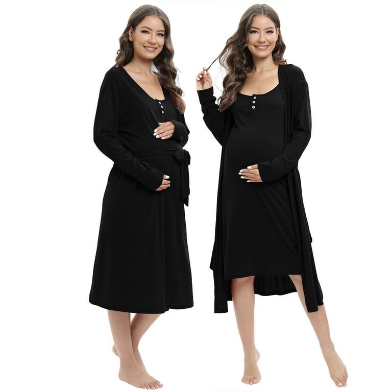 Baywell Maternity Nurisng Nightgown Robe Set 3 in 1 Labor/Delivery/Hospital  Gown Button Down Breastfeeding Sleepwear Long Sleeve Belt Robe with