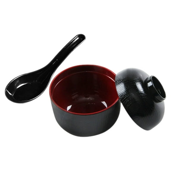 HEMOTON 1 Set Japanese Style Small Bowl with Lid and Spoon Melamine Round Black for Soup Home Use 9.5x9.5x9.5in