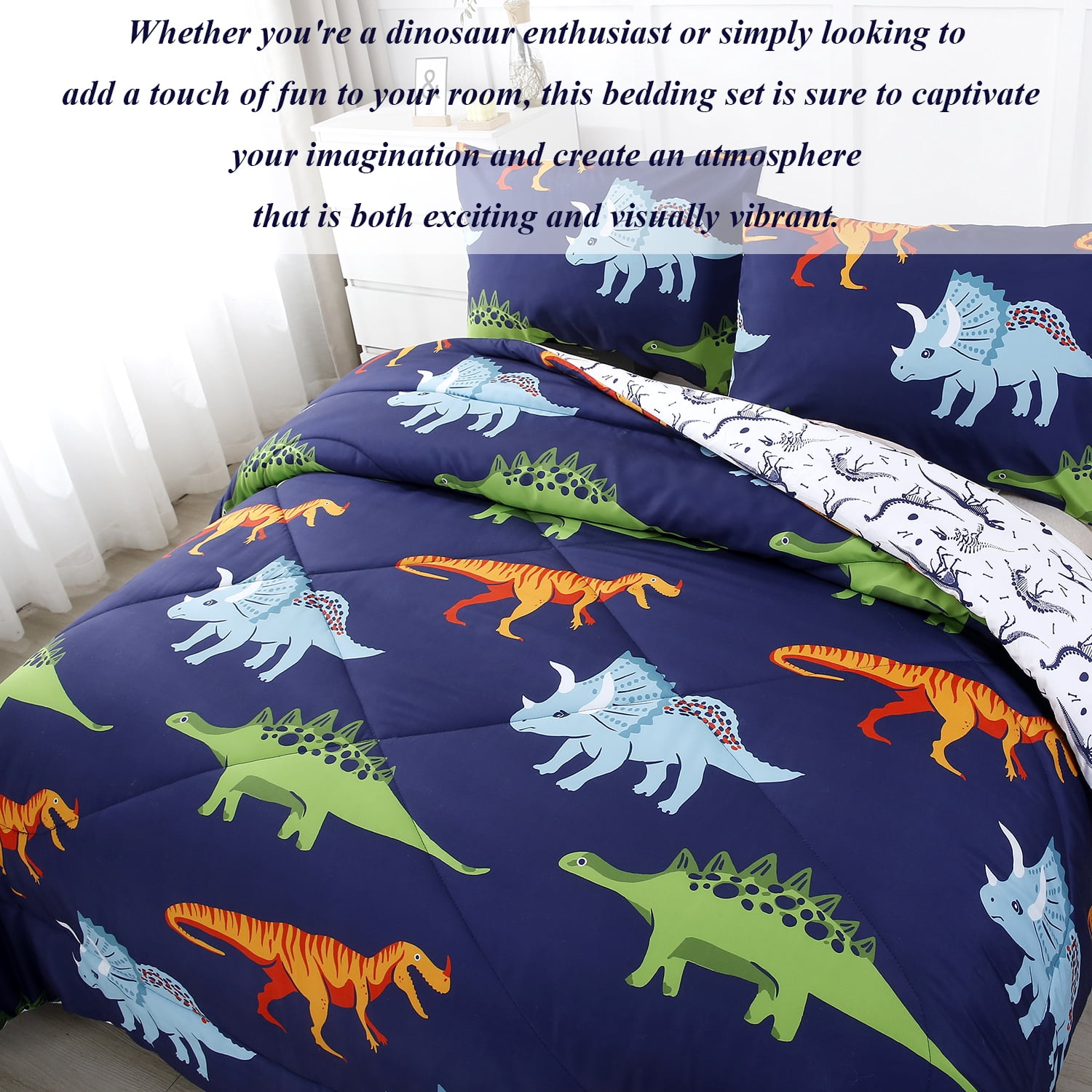 URBONUR 3 Pcs Dinosaur Twin Size Bedding Sets for Boys, Dinosaur Printing Boys Comforter Set, Blue and White Reversible Bed Comforter Set for Kids/Toddlers/Teens