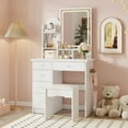 thumbnail image 4 of Oxylife Vanity Set with LED Lighted Mirror, Power Outlet, Makeup Table with 5 Drawers & Shelves, Cushioned Stool for Bedroom, White, 4 of 8