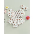 thumbnail image 4 of Wassery Infant Baby Girls Romper Dress Flower Print Short Puff Sleeve Ruched Jumpsuits 3M 6M 12M 18M Newborn Girl Summer Bodysuits with Headband, 4 of 8