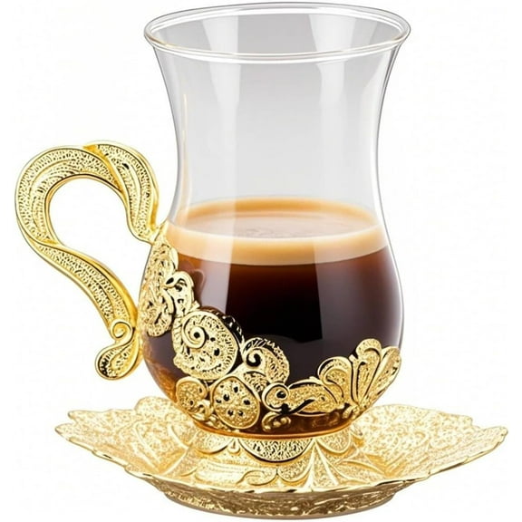 ABCISI turkish Tea Cup,Glass Coffee Mugs, Elegant Turkish Tea Glasses with Handles and Gold Cup Carved, Large Capacity for Coffee Milk Tea Beverages