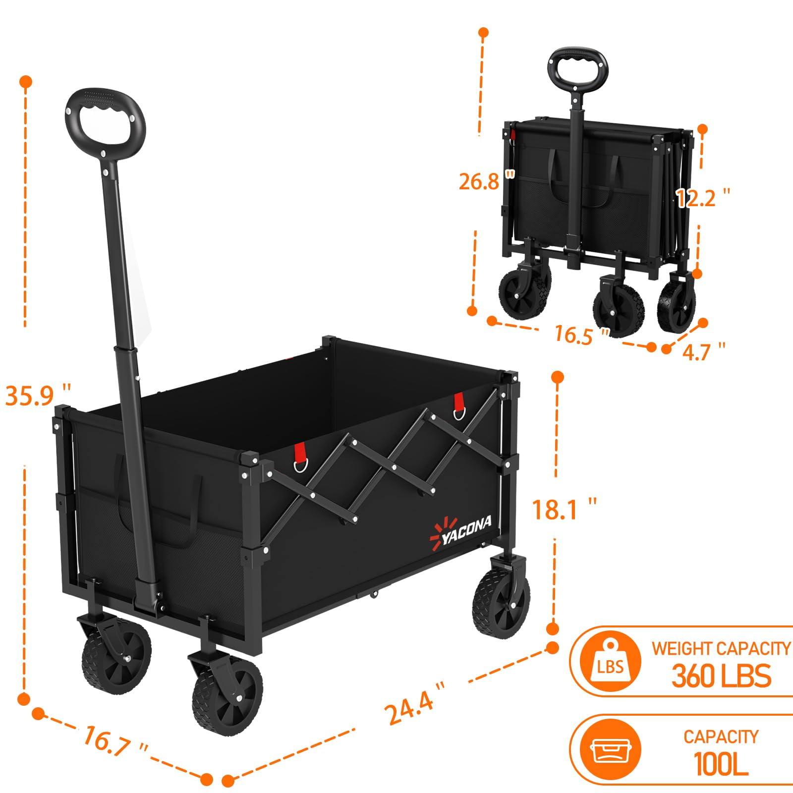 Yacona Wagon Cart Foldable, Portable Utility Shopping Cart with Wheels, Heavy Duty Grocery Cart for Beach, Outdoor Camping, Garden, Sports, Black