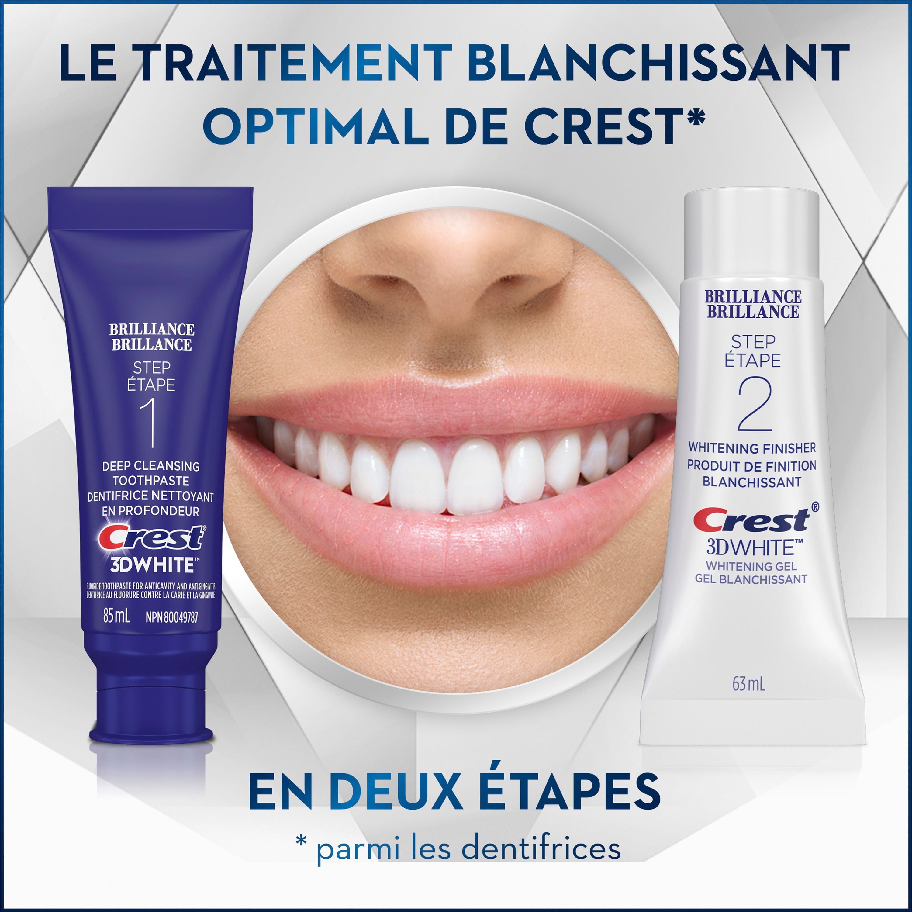 Dentifrice en deux étapes Crest 3D White Brillance + gel blanchissant 1 tube de 85 m (Dentifrice) et 1 tube de 63 ml (Gel)