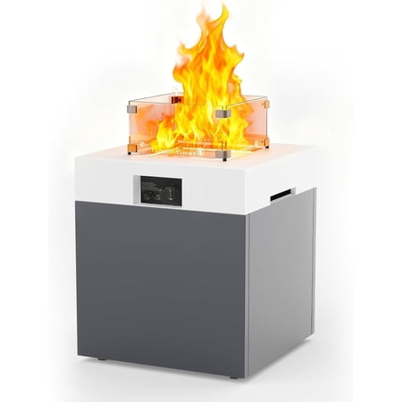 JXXM 22" Outdoor Aluminum Gas Fire Pit Table, 37,000 BTU, with Lid, Glass Wind Guard, Fire Glass, and Waterproof Cover, CSA Certified–White