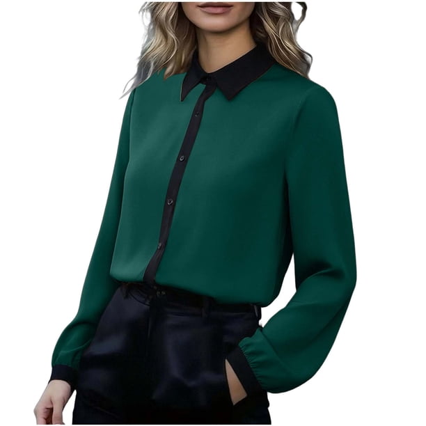 Tops de Manga Larga de las Mujeres Botón Casual Patchwork Up Turndown Collar Blusa Top de Moda de las Mujeres Tops de Manga Larga