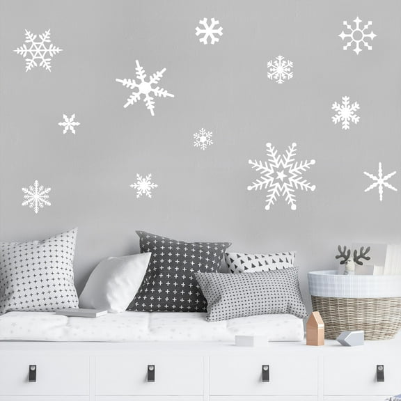 Large Snowflakes set of 12 Wall Decals Christmas and Holiday Decor Self Adhesive Window and Wall Stickers - Size: Range from 4"-12" - Color: White