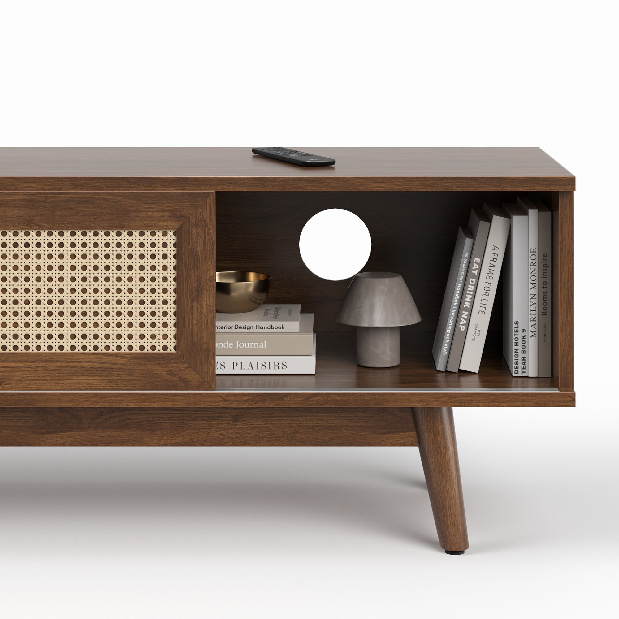MAYEERTY Light Walnut 65" Mid Century Modern TV Stand, Boho Media Console with Cable Management for Living Room