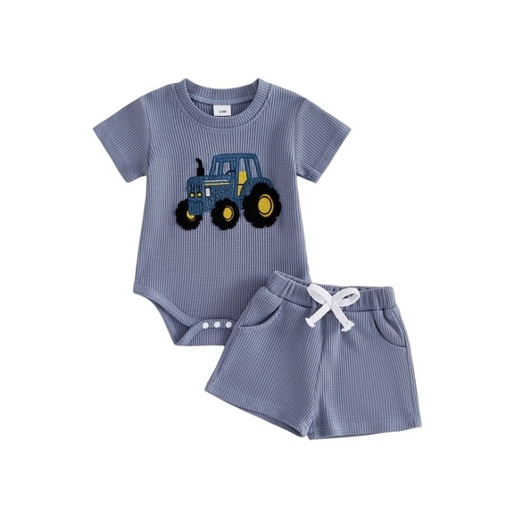 BemeyourBBs Newborn Baby Boys Summer Clothes Waffle Knit 2 Pieces Outfits Cute Tractor Embroidery Short Sleeve Romper Tops and Pockets Shorts Set