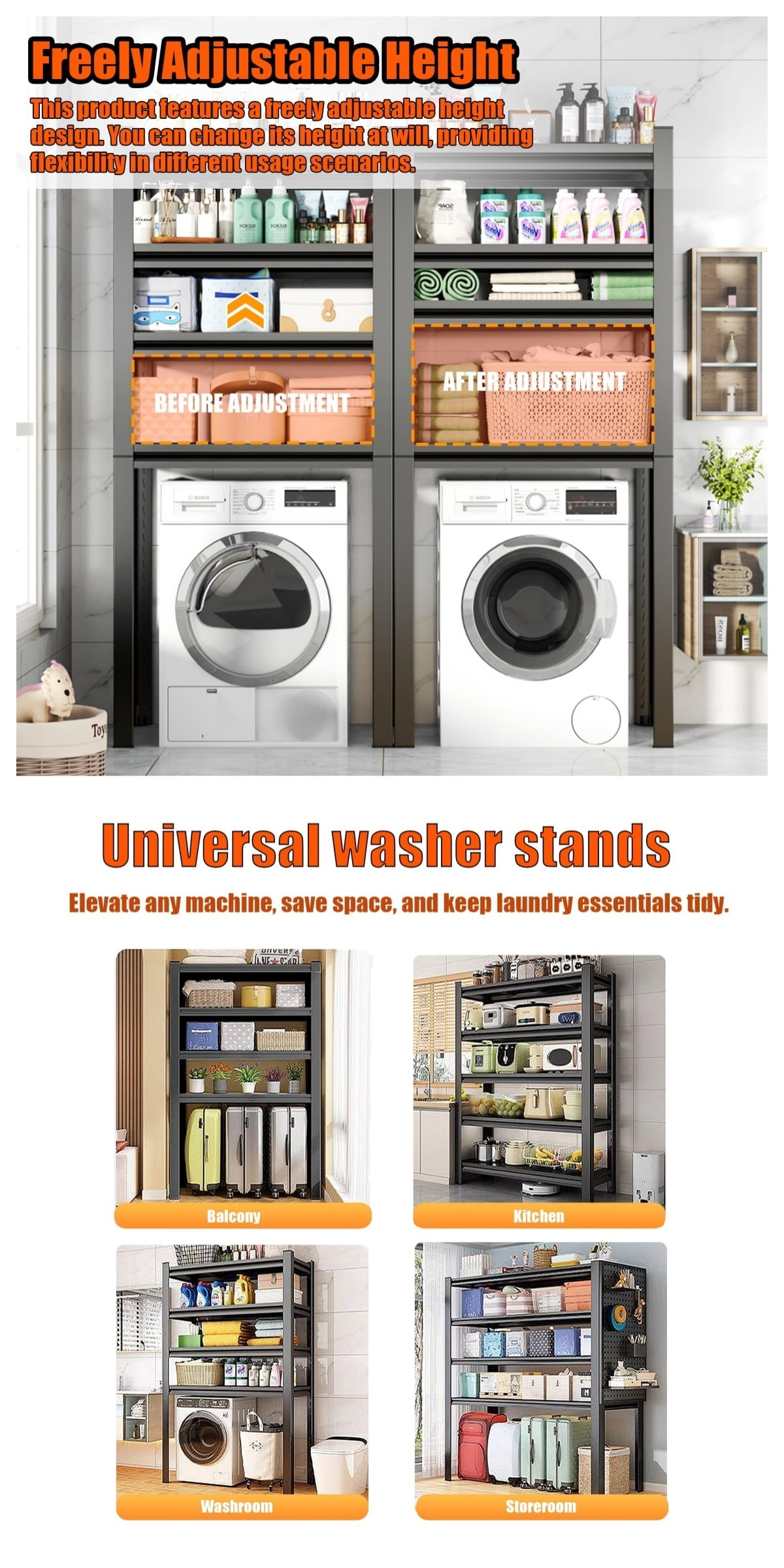 Over Washer and Dryer Shelves,5-Tier Expandable Washer and Dryer Rack, Laundry Room Storage Over Toilet, Washing Machine and Dryer Storage Rack,Bathroom Organization,77.4"Hx 39.4"W x15.7"D,Black