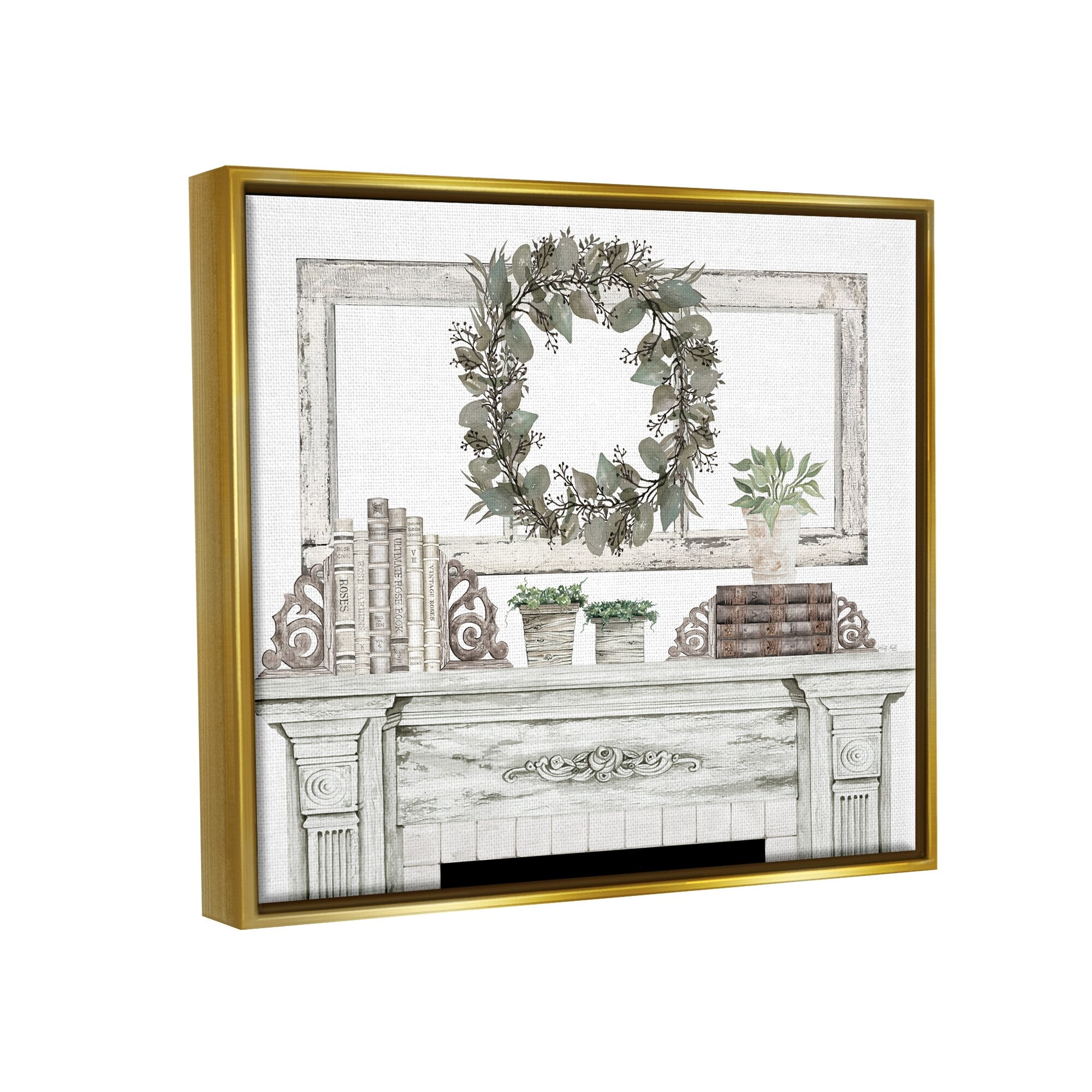 Stupell Industries Festive Wreath Cozy Fireplace Mantel Rustic Design Graphic Art Metallic Gold Floating Framed Canvas Print Wall Art, Design by Cindy Jacobs