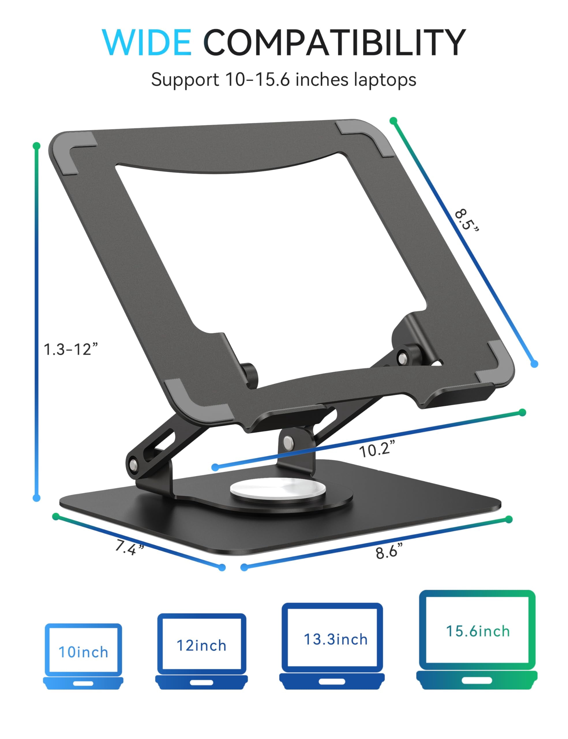 360 Rotating Laptop Stand  Computer Riser For Desk Adjustable Height Multi-angle Metal Holder Foldable Portable Notebook Elevating Base Office & Home Black