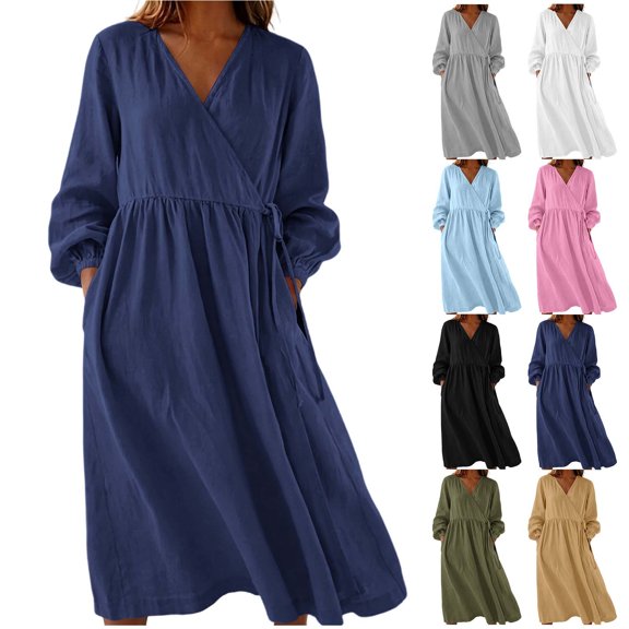 Omexry Halter Dresses for Women Women's Summer Long Sleeves V-neck Pocket Dress Casual Dress Long Skirt