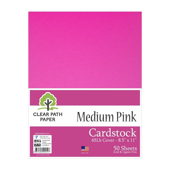 Medium Pink Cardstock - 8.5 x 11 inch - 65Lb Cover - 50 Sheets - Clear Path Paper