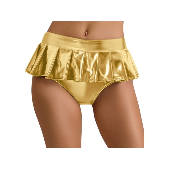 Miaeowve Womens Shiny Metallic Mini Skirt Pleated Hem Disco Hot Pants For Rave Party Night Club Gold S