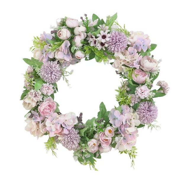 Corona de flores artificiales de rosas, coronas para puertas al aire libre, corona de primavera y verano. Púrpura
