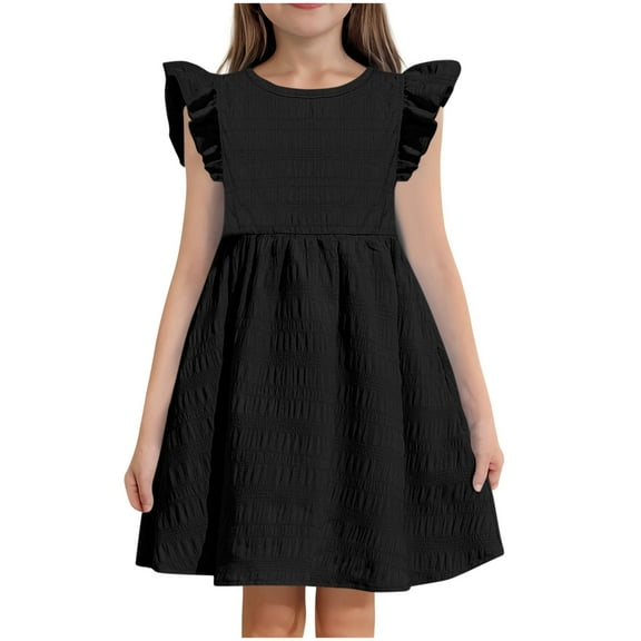 Little Girl Summer Dresses New Girls Casual Dress Ruffle Sleeveless a Line Summer Dresses Elegant Midi Sundress with Pockets Black 140