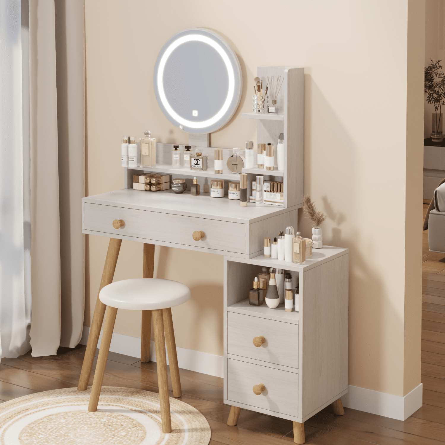 Resenkos Lighted Makeup Vanity Desk Set with Round Mirror&Power Outlet& Stool, Bedroom Dressing Table, White Oak Resenkos Lighted Makeup Vanity Desk Set with Round Mirror&Power Outlet& Stool, Bedroom Dressing Table, White Oak