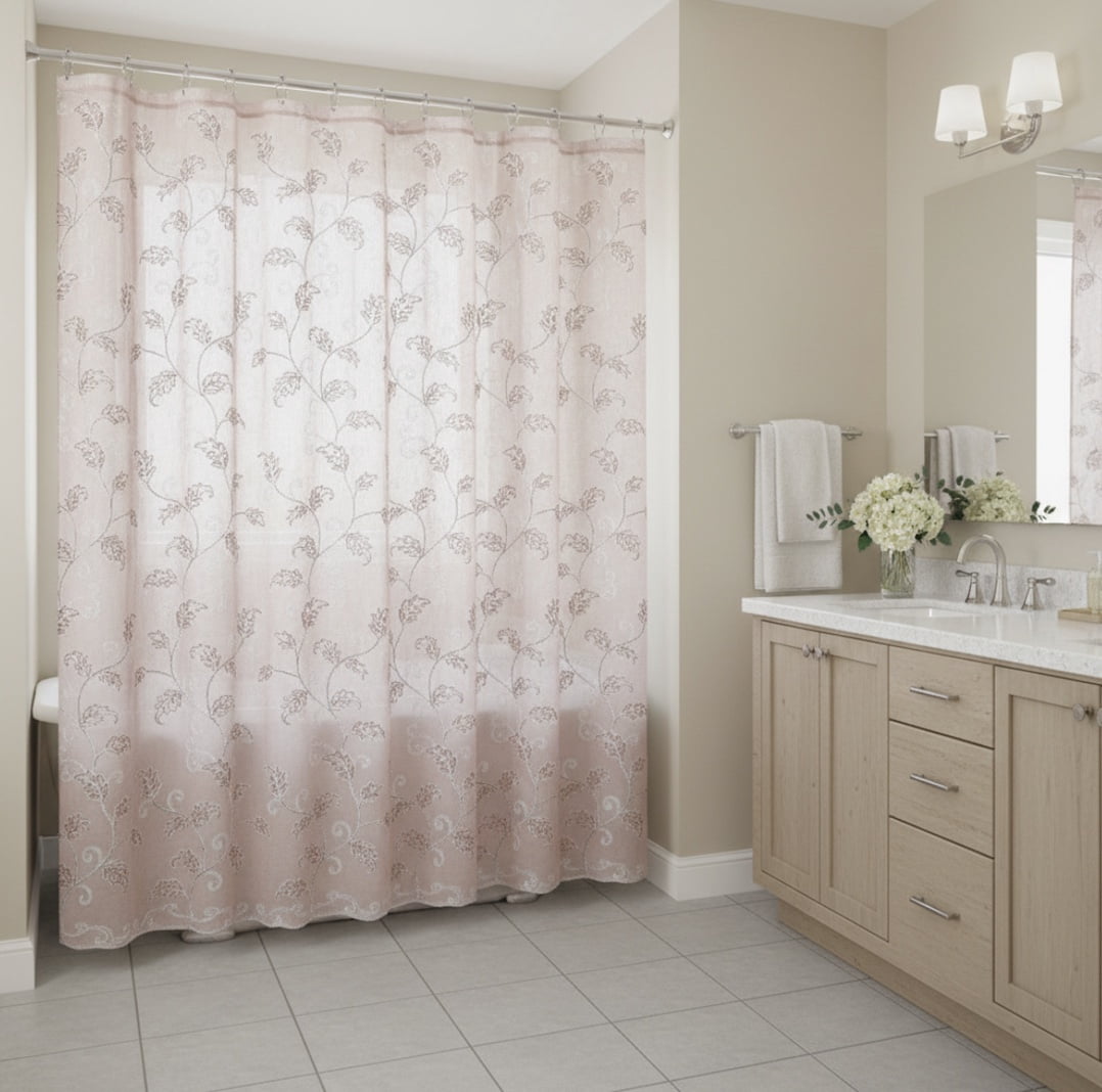 Serafina Home Decorative Sheer Fabric Shower Curtain: Two Toned Dusty Pink and White Embroidered Leaves with Metallic Threading (Blush/White) 70 x 72
