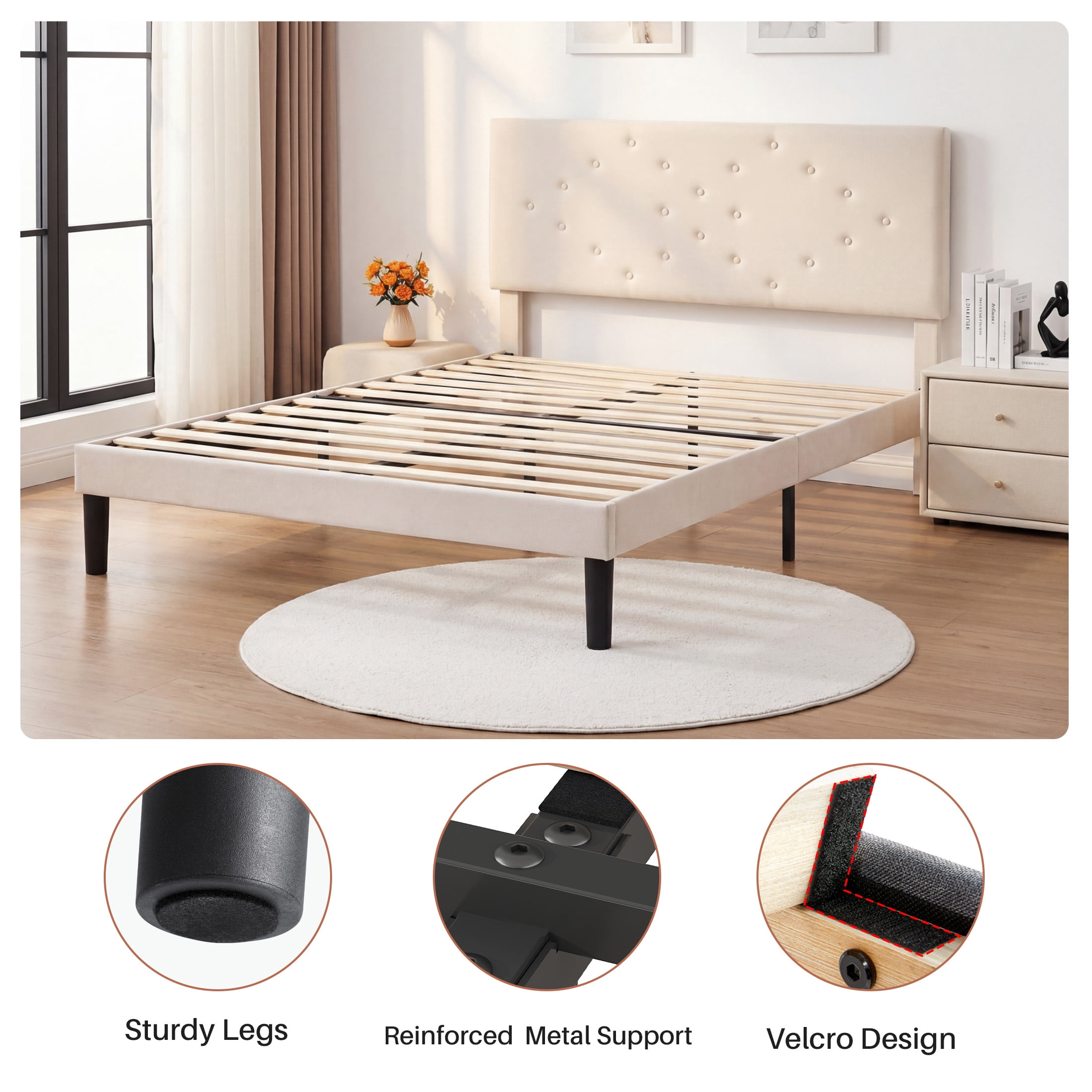 edx Upholstered Queen Bed Frame with Height-Adjustable Headboard and Crystal Buckle Accents, Beige