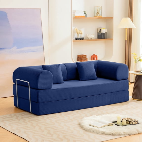 Atlas Mattress Perri Blue 79" Modular Compressed Sofa with Corduroy Upholstery, Lumbar Pillows & Metal Support