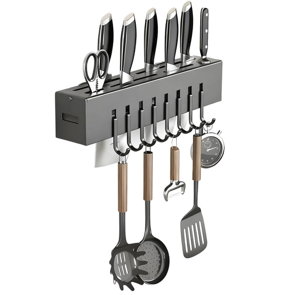 Kitchen Utensil Holder Wall Mounted – Spice Organizer Shelf with Hooks, Cutlery and Knife Storage Rack for Spoons, Forks, Chopsticks, Towels, 30CM Stainless Steel Rack for Kitchen Wall