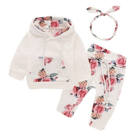 XIAXAIXU 3PCS Newborn Kids Baby Girl Clothes Hooded Sweater Tops+Floral Pants Outfits Set