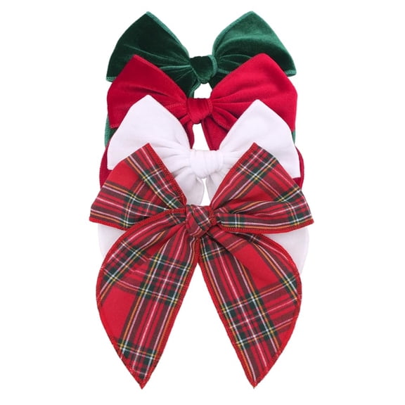 4 Pack Velvet Plaid Bow Hair Clips and Accessories for Little Girls and Baby Moms - Red Green White Christmas Fable
